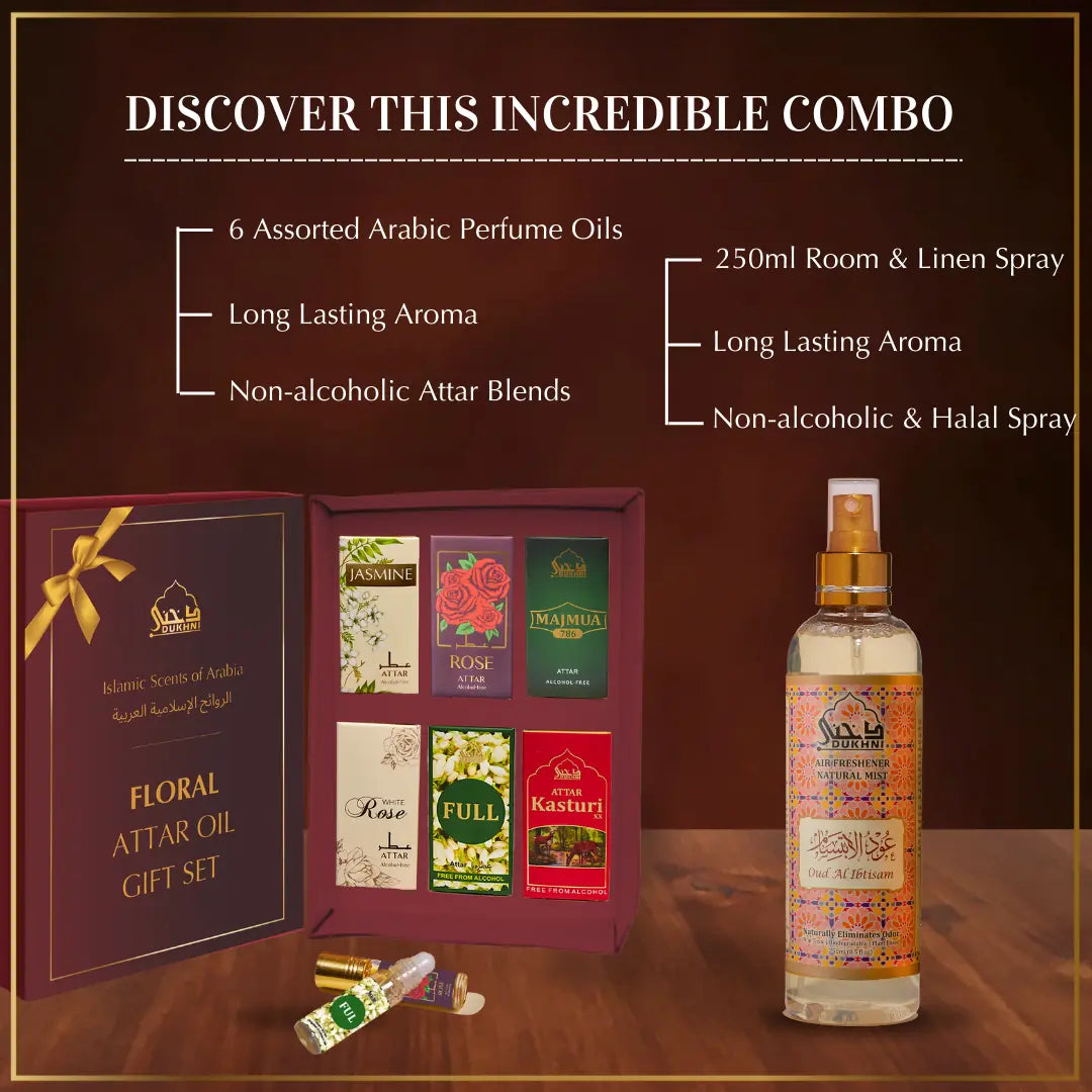 6 6ml Floral Non Alcoholic Arabic Roll On Perfume Oils And 250ml Oud Ibtisam Room Spray Natural Mist Air Freshner CA
