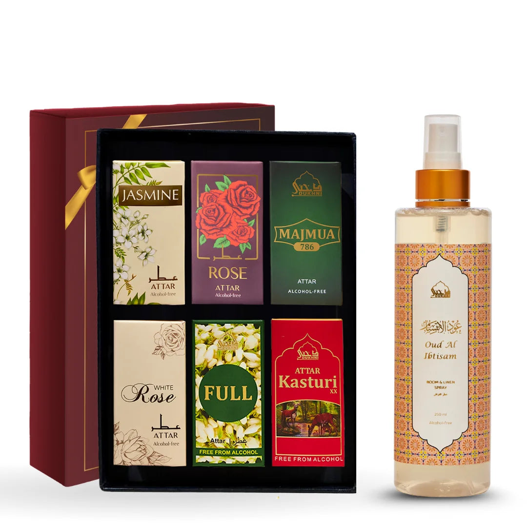 Dukhni Floral Attar Oil Set And Oud Al Ibtisam Room And Linen Spray Combo 