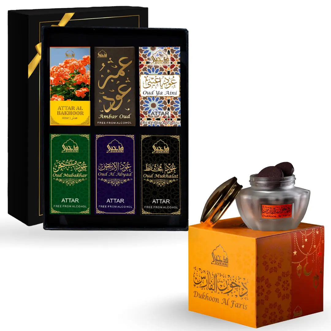 dukhni ma'amoul attar oil set of 6 and dukhoon al faris bakhoor combo