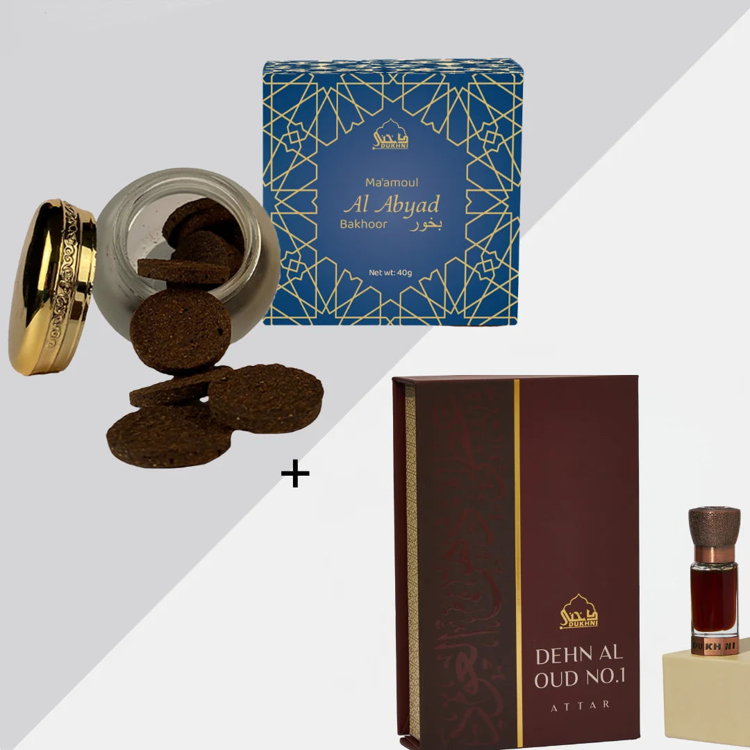 Dukhni Maamoul Al Abyad Bakhoor And Dehn Al Oud Attar Oil Arabic Bakhoor Incense And Attar Oil Combo CA