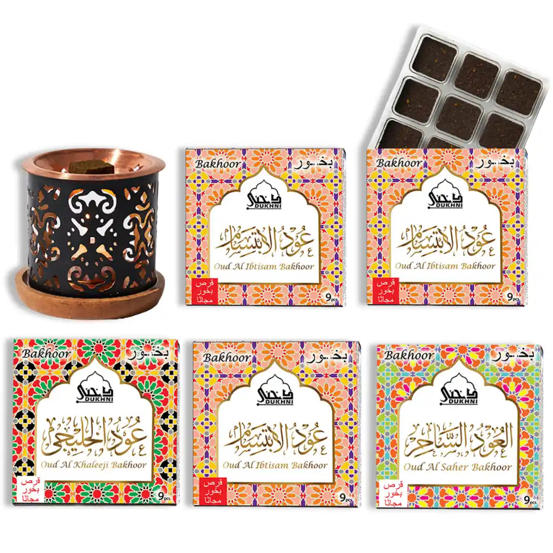 oud al ibtisam, saher and khaleeji bakhoor assorted bakhoor scents with a smokeless burner