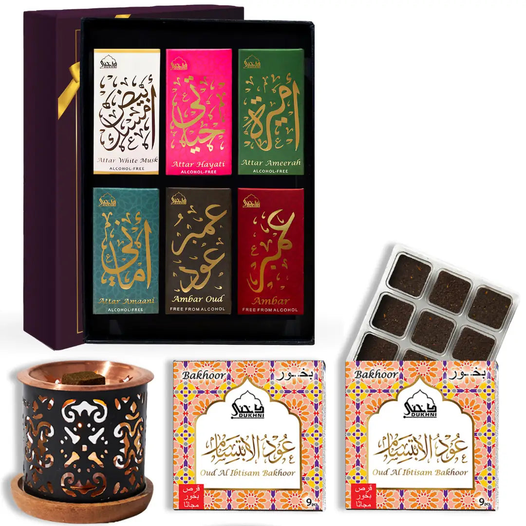 dukhni luxury attar set of 6 attar oils and oud bakhoor with smokeless burner