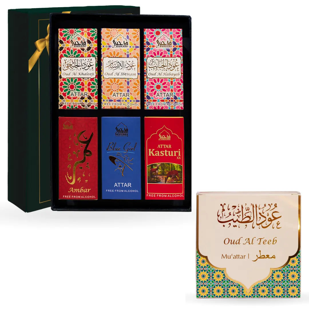 dukhni premiere attar oil set and oud al teeb muattar bakhoor