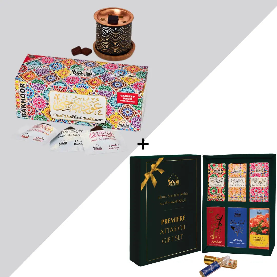 Dukhni Oud Bakhoor Variety Box With Burner And Premiere Attar Oil Set Combo Eid Gift CA