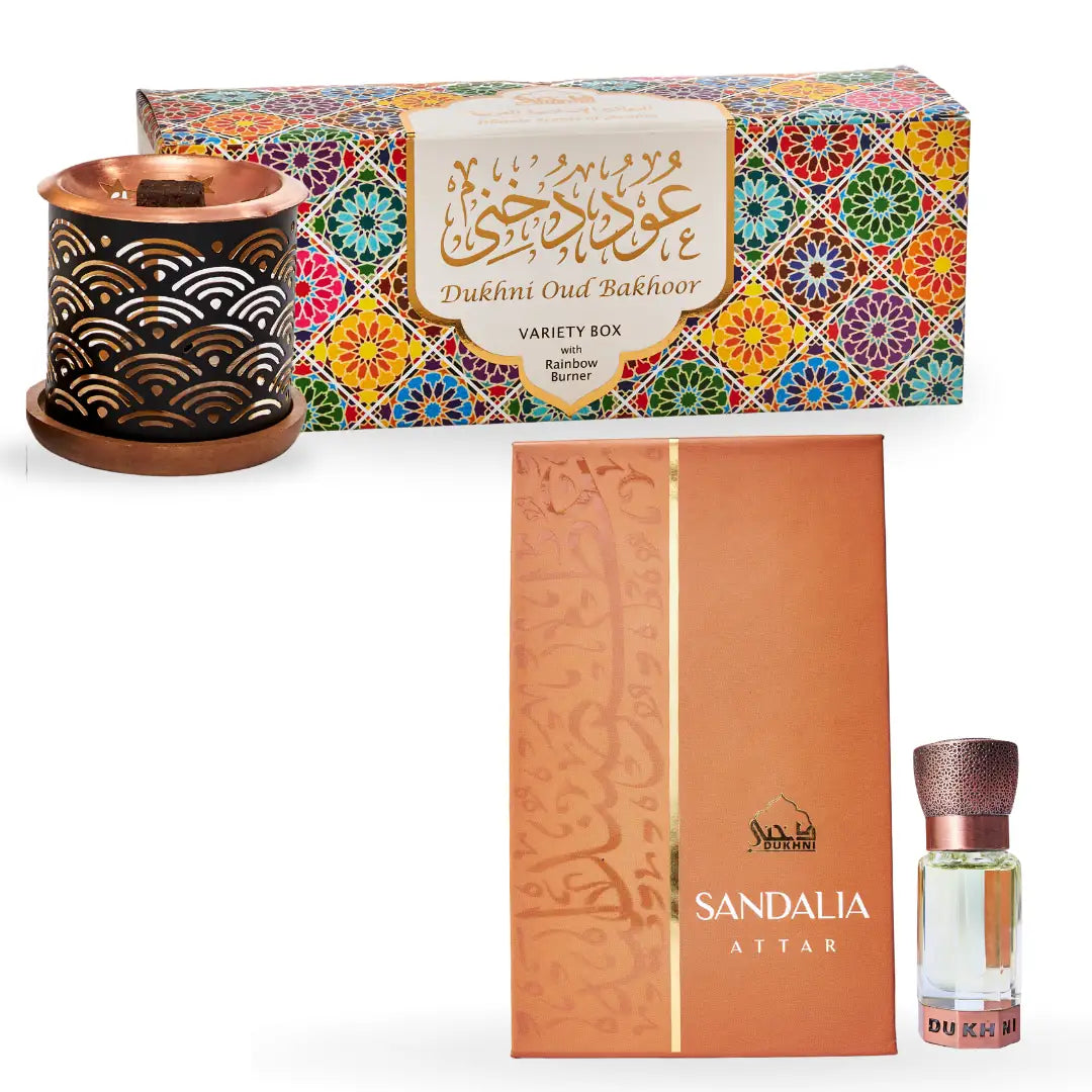 Dukhni Oud Bakhoor Variety Box With Burner And Sandalia Attar Oil Combo Eid Gift 