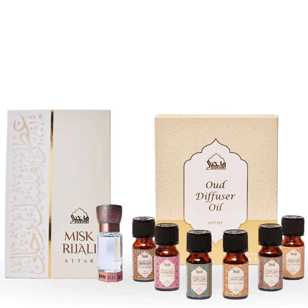 Dukhni Oud Diffuser Oil Gift Set For Home Office Misk Rijali Attar Oil Combo Ramzan Gift 