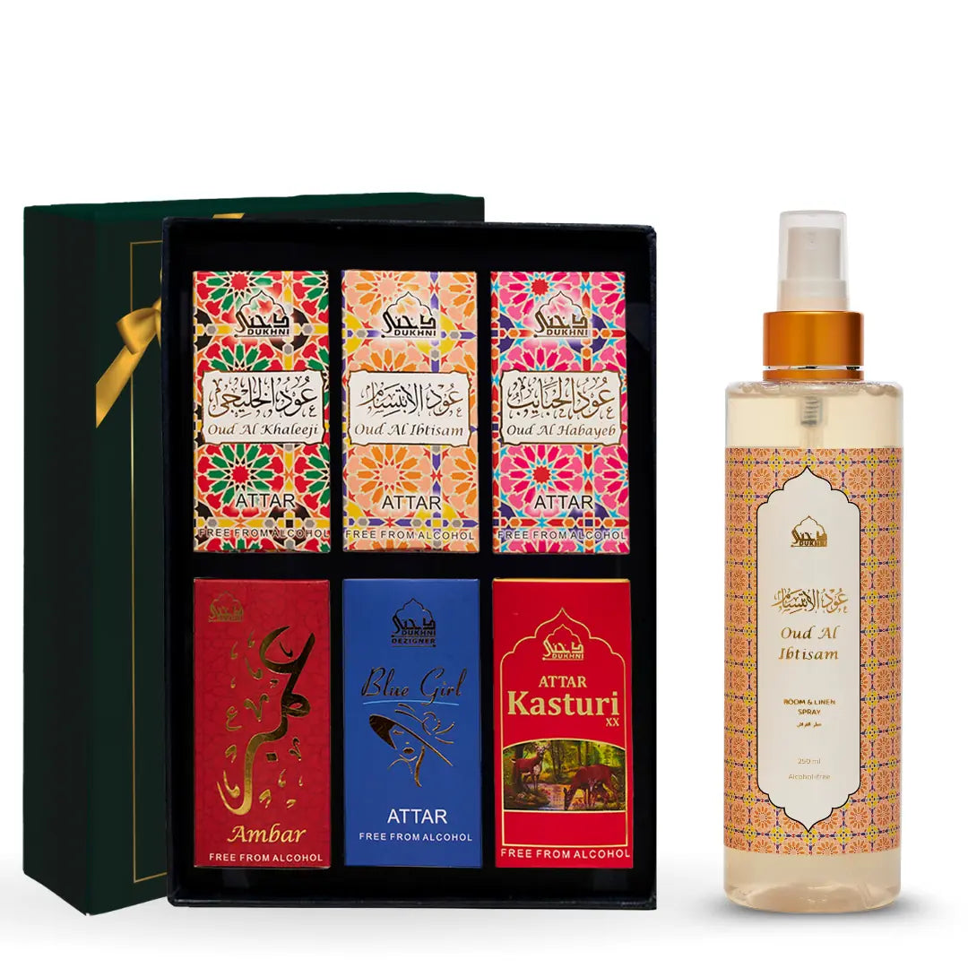 Dukhni Premiere Attar Oil Set And Oud Al Ibtisam Room And Linen Spray Combo 
