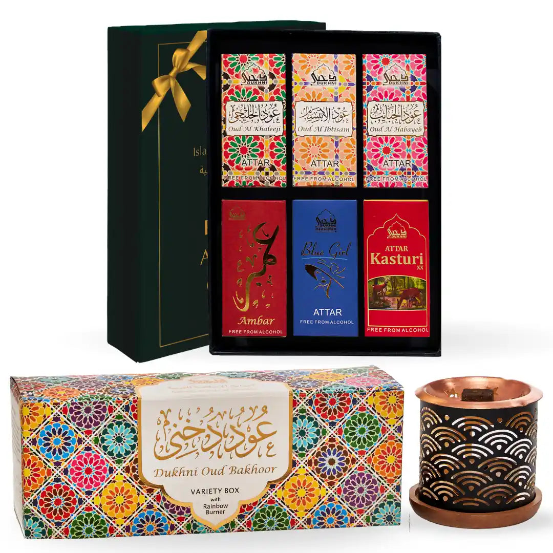 Dukhni Oud Bakhoor Variety Box With Burner And Premiere Attar Oil Set Combo Eid Gift 