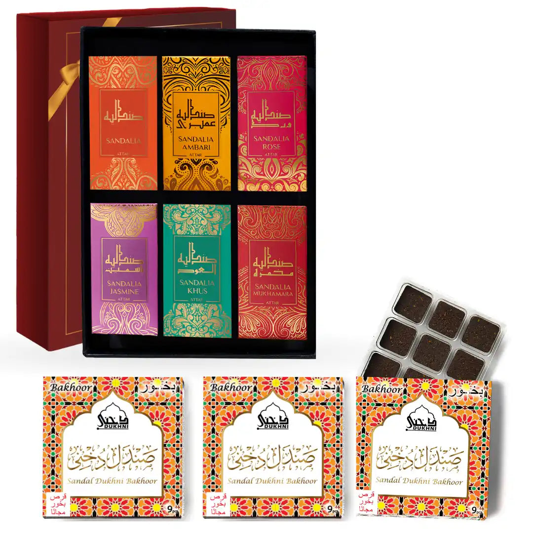 Dukhni Sandalwood Attar Oil Set And Sandal Bakhoor Combo 