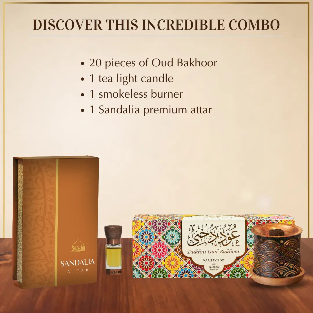 Oud Bakhoor Variety Box with Burner + Sandalia Premium Attar