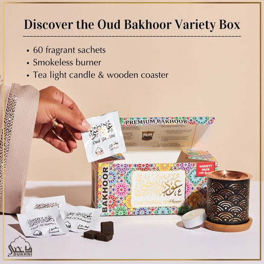 Luxurious Bakhoor Dukhni Oud Bakhoor Variety Box With Burner 60 Sachets 10 Scents Smokeless Burner CA