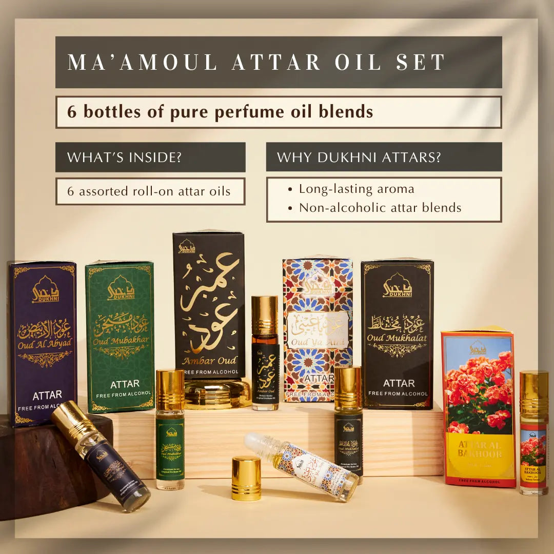 Maamoul Attar Set 6 Non Alcoholic Assorted Roll On Attar Oil Blends Long Lasting Aroma Lasts For 14 Hours CA