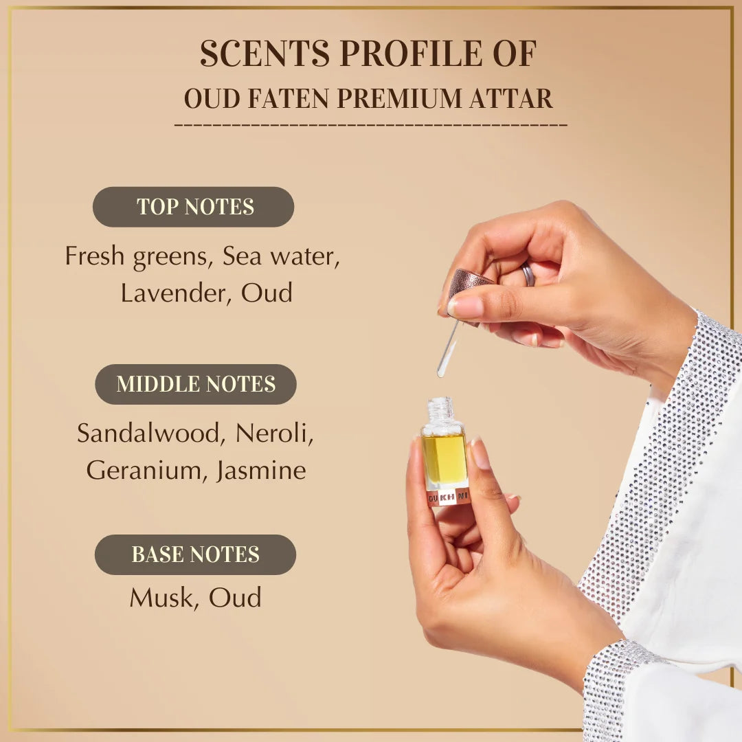 Oud Faten Premium Attar Lavender Fresh Greens Oud Musk Neroli Geranium Sandalwood Jasmine CA