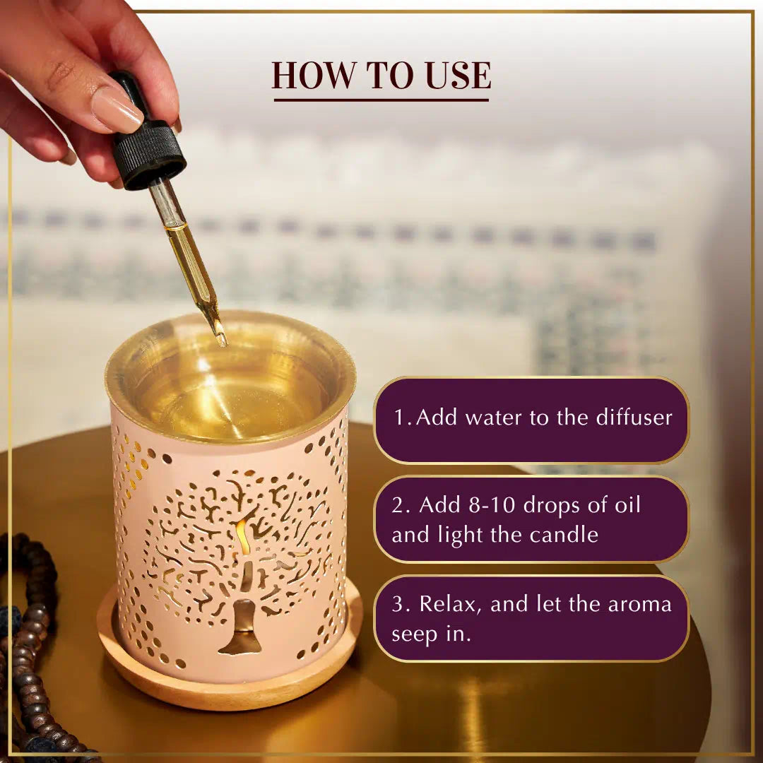 Diffuser with dropper and text on how to use it, blurred background