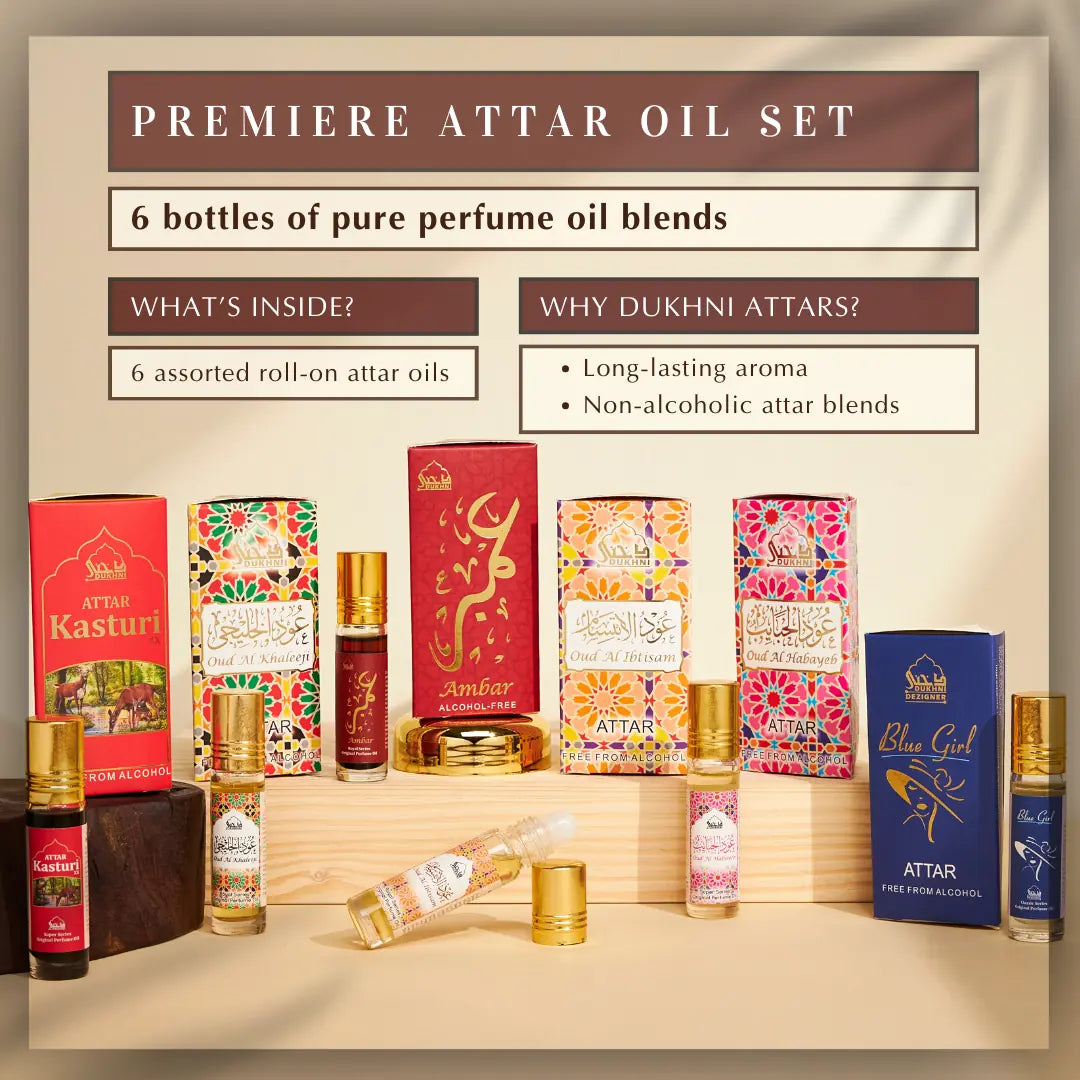 Premiere Attar Set Non Alcoholic Assorted Roll On Attar Oil Blends Long Lasting Aroma Lasts For 14 Hours CA