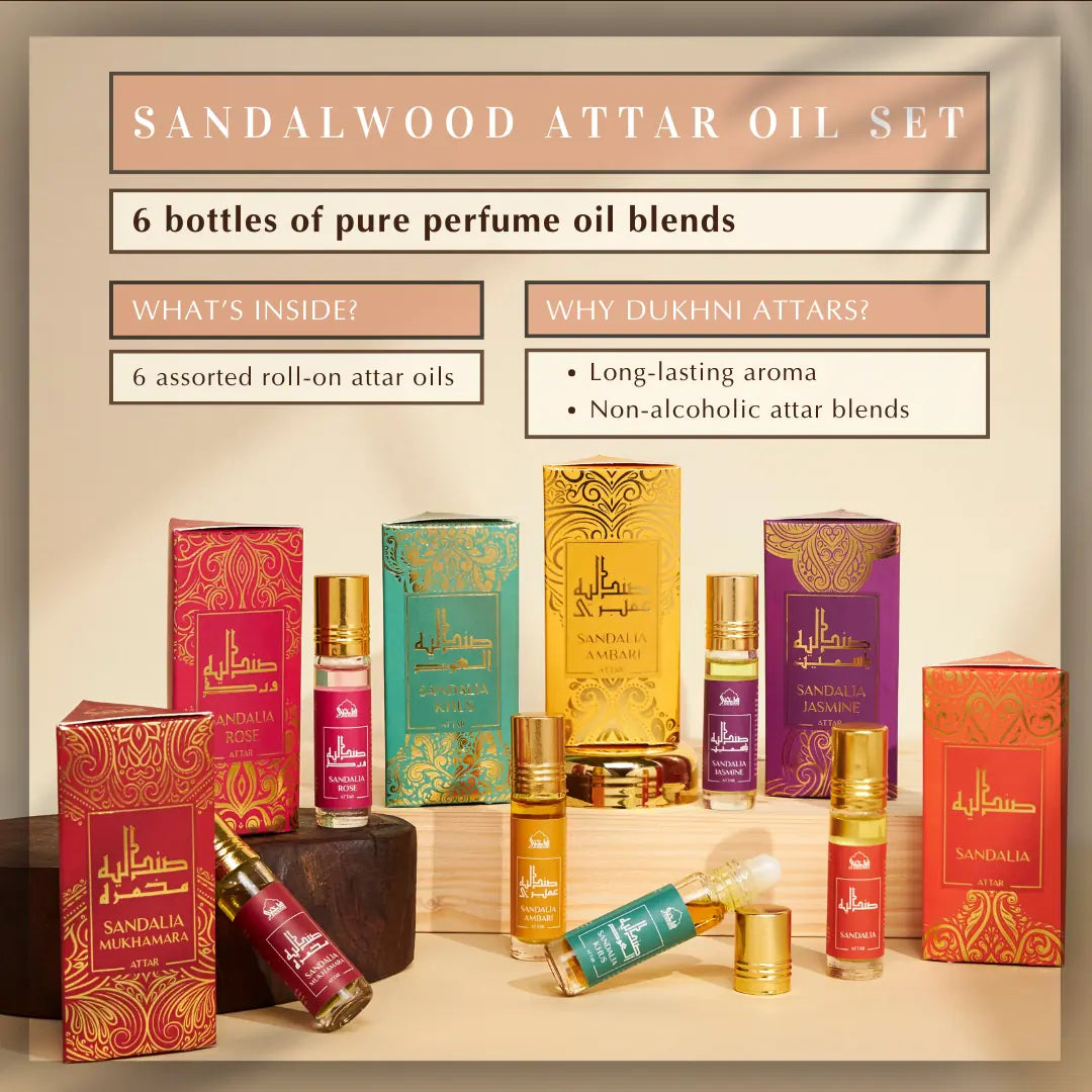 Sandalwood Attar Oil Set 6 Non Alcoholic Assorted Roll On Attar Oil Blends Long Lasting Aroma Lasts For 14 Hours CA