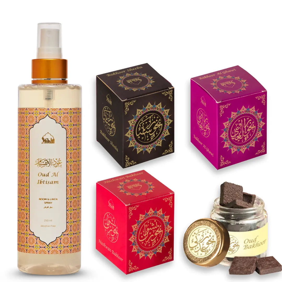 oud al ibtisam room and linen spray and yemeni bakhoor set 